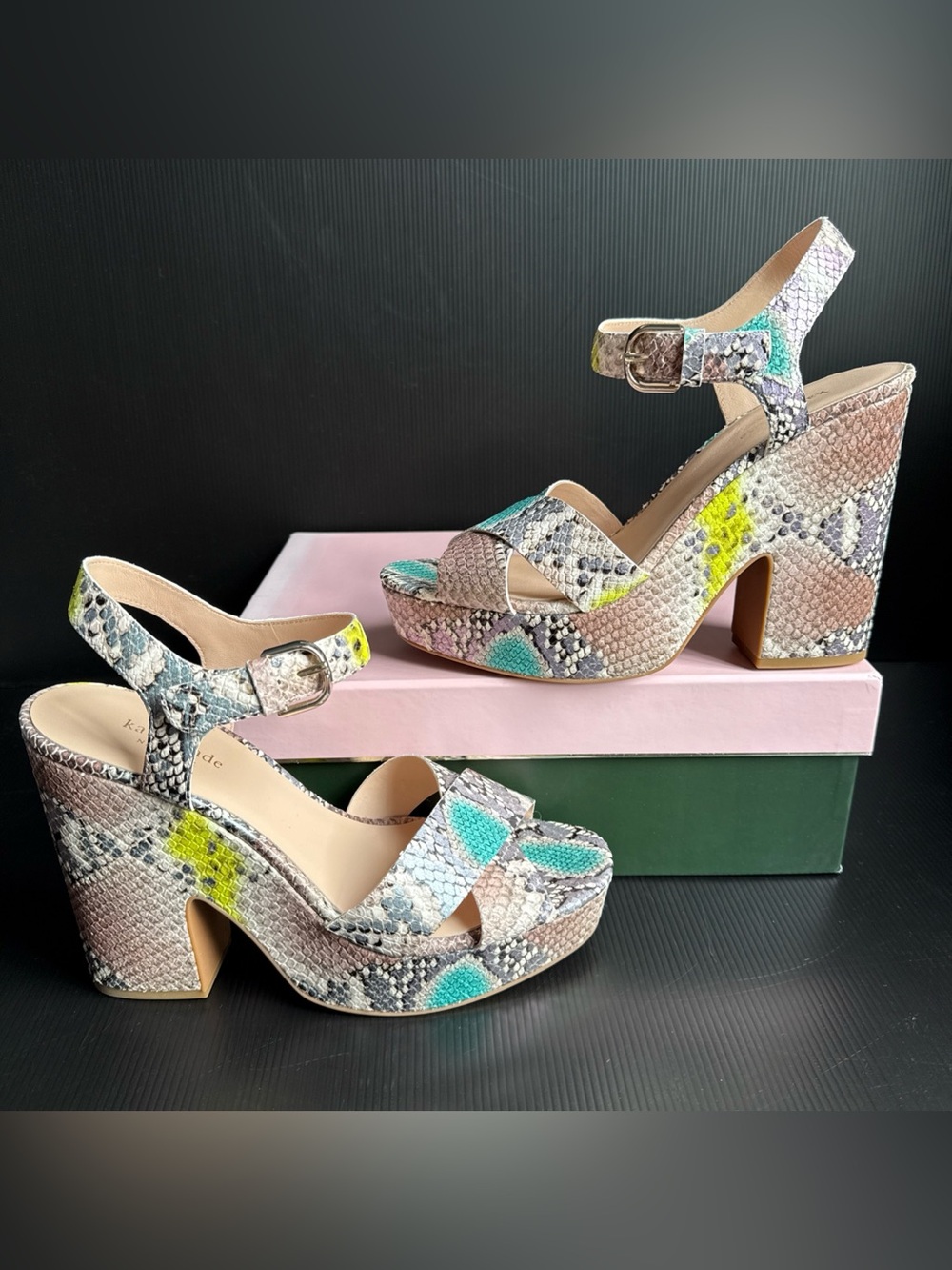 NIB Kate Spade Grace Lemon Sorbet Snakeskin Platform Heels Women’s Size 10